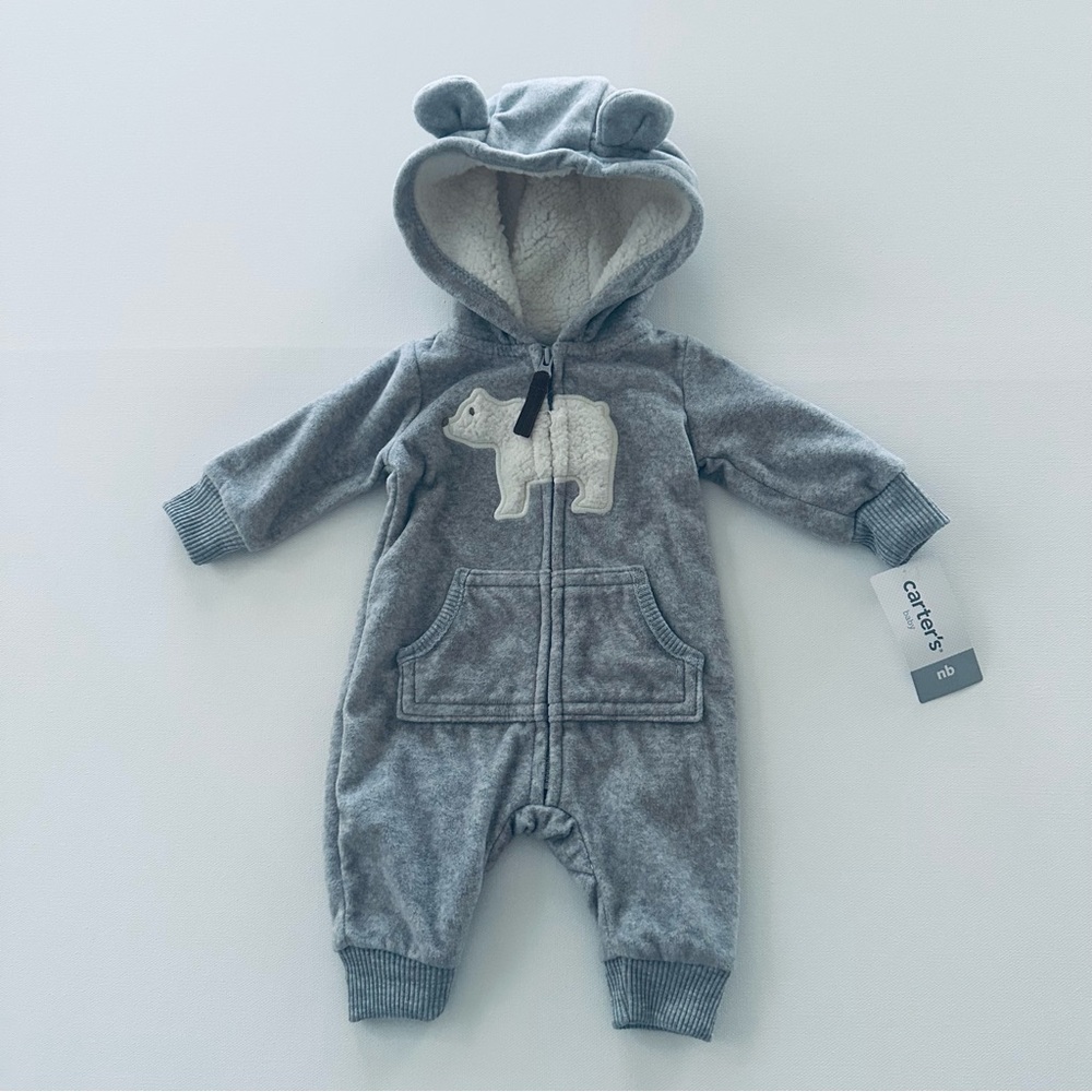 Carter’s Newborn Baby Polar Bear Fleece Romper Jumpsuit Gray Sherpa Lined Hood